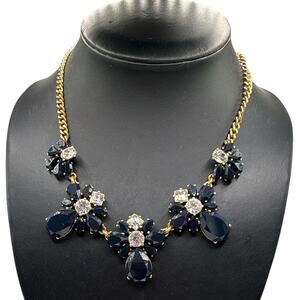 J. Crew Navy Floral Crystal Statement Necklace Gold Tone Rhinestone Bib 17”-20”